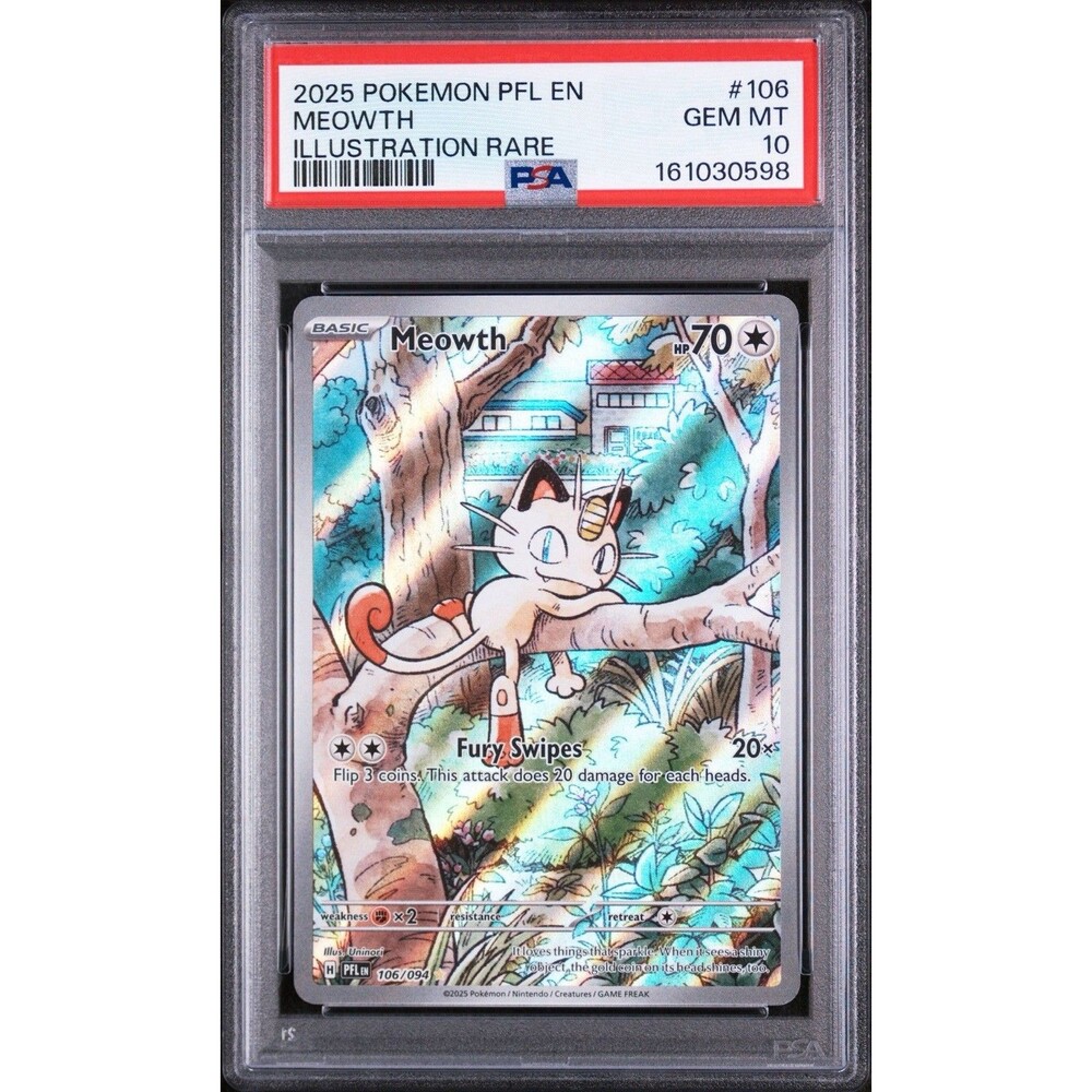 2025 Pokemon Meowth 106/094 Me02: Phantasmal Flames Holo PSA 10